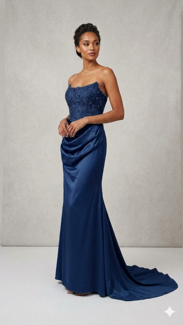 abito lungo con corpetto macramè CAR58595 BLU MARICLA ELEGANCE 