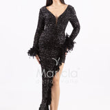 Abito lungo con paillettes e piume SS23126 NERO MARICLA ELEGANCE 