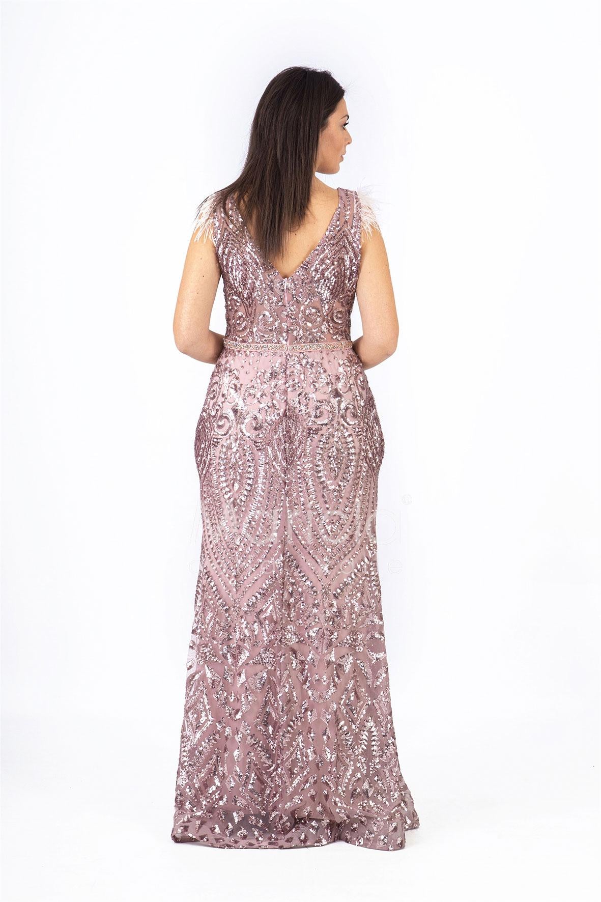 abito lungo paiette e piume RG103RF ROSA GIGLI CERIMONIA 