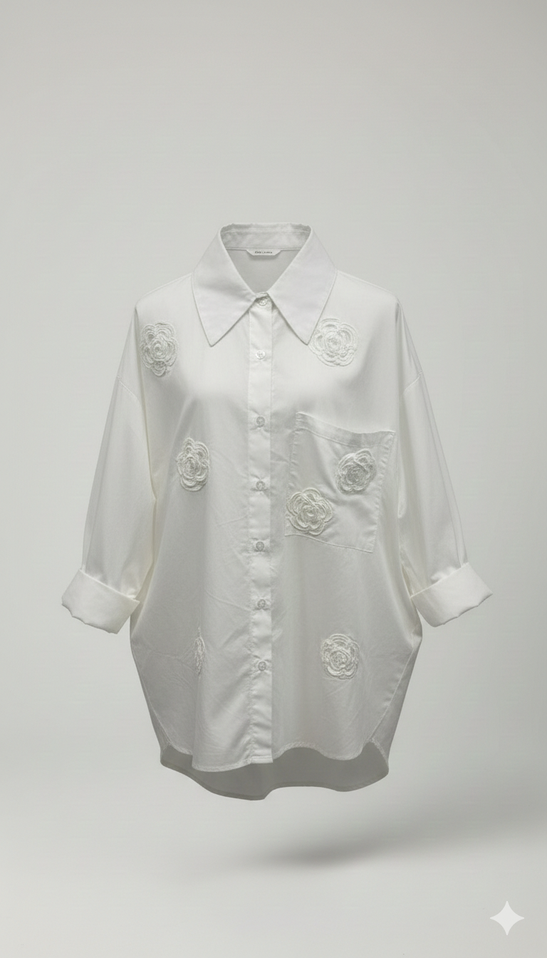 camicia cotone con rose e strass CF22200 BIANCO CARLA FERRONI 