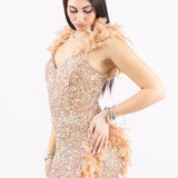abito lungo spacco e piume SS23100 ORO MARICLA ELEGANCE 