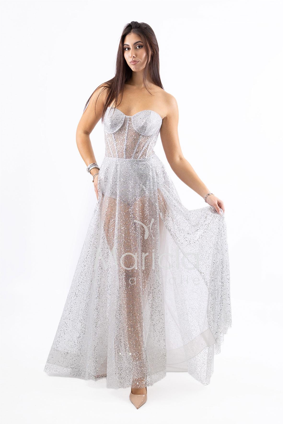 Abito lungo glitterato con bustier e coppe JC29336 ARGENTO MARICLA ELEGANCE 