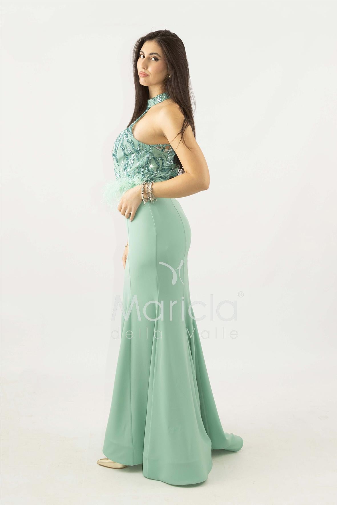 abito lungo con corpetto in strass e piume SH842AL MENTA SHARON 