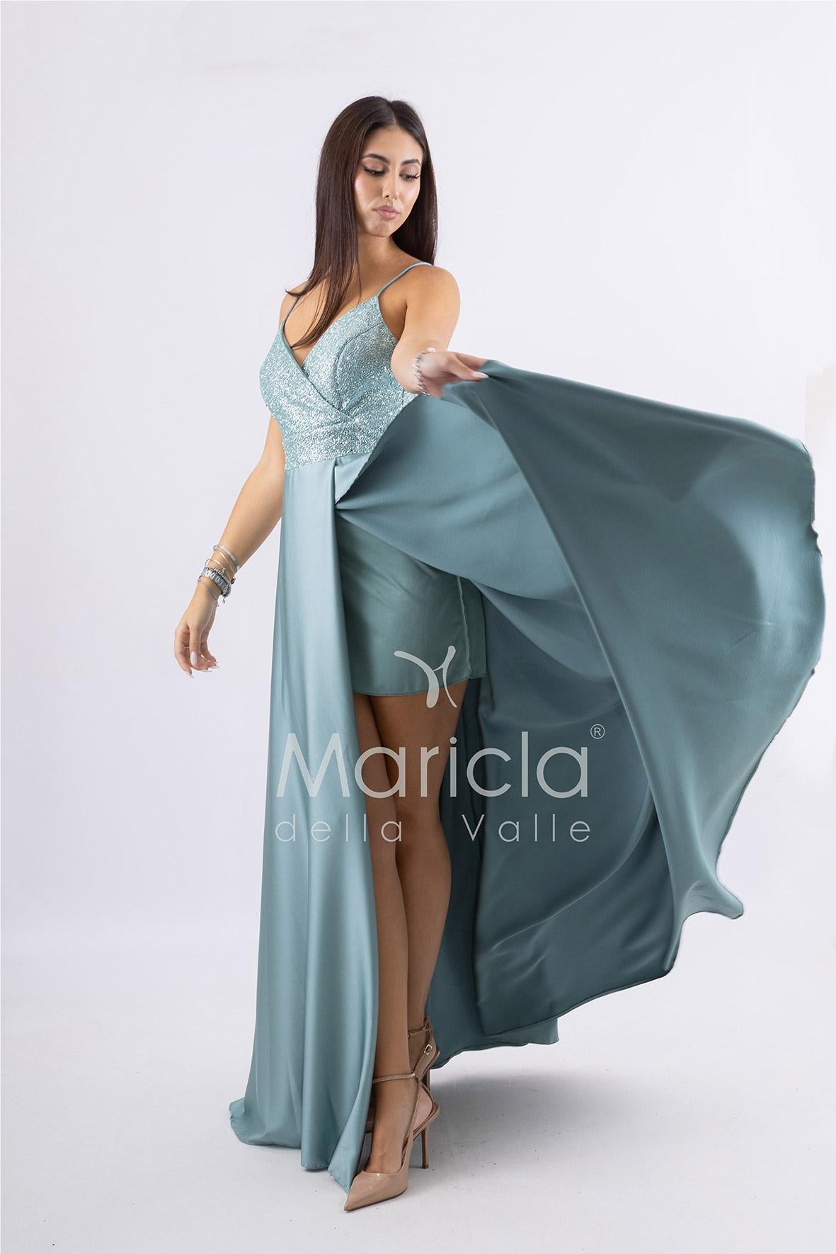 abito lungo con spacco paiette e stringhe FI6835 MENTA MARICLA ELEGANCE 