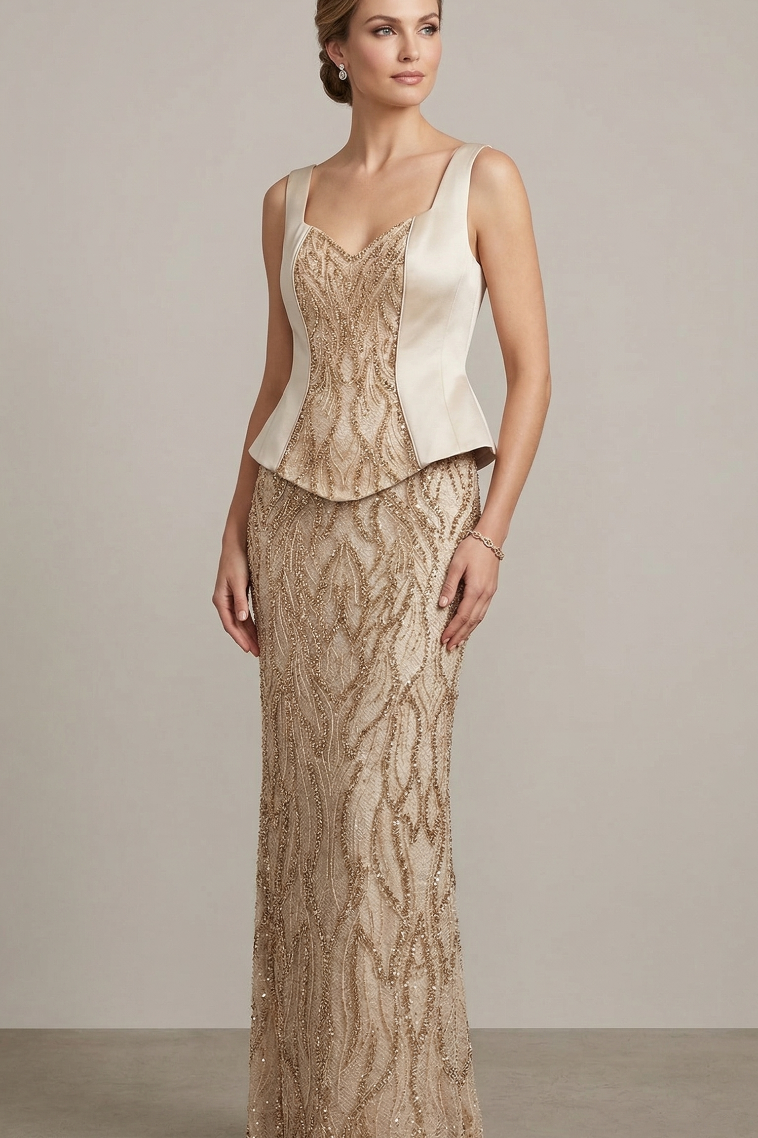 abito lungo baschina e paiette CAR58660 CHAMPAGNE MARICLA ELEGANCE 