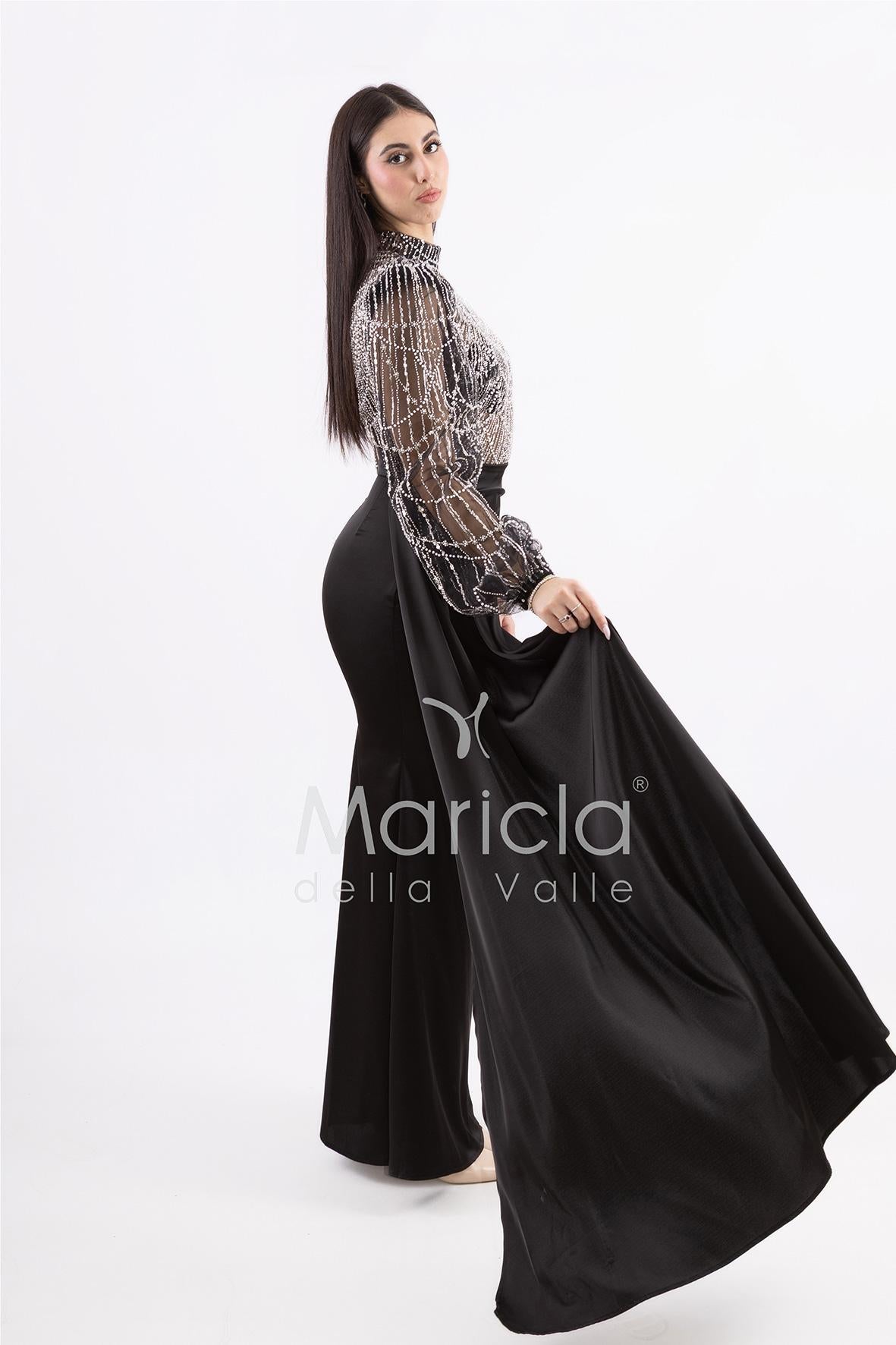Abito sirena con corpetto ricamato e drappeggio al lato FP512352 NERO MARICLA ELEGANCE 