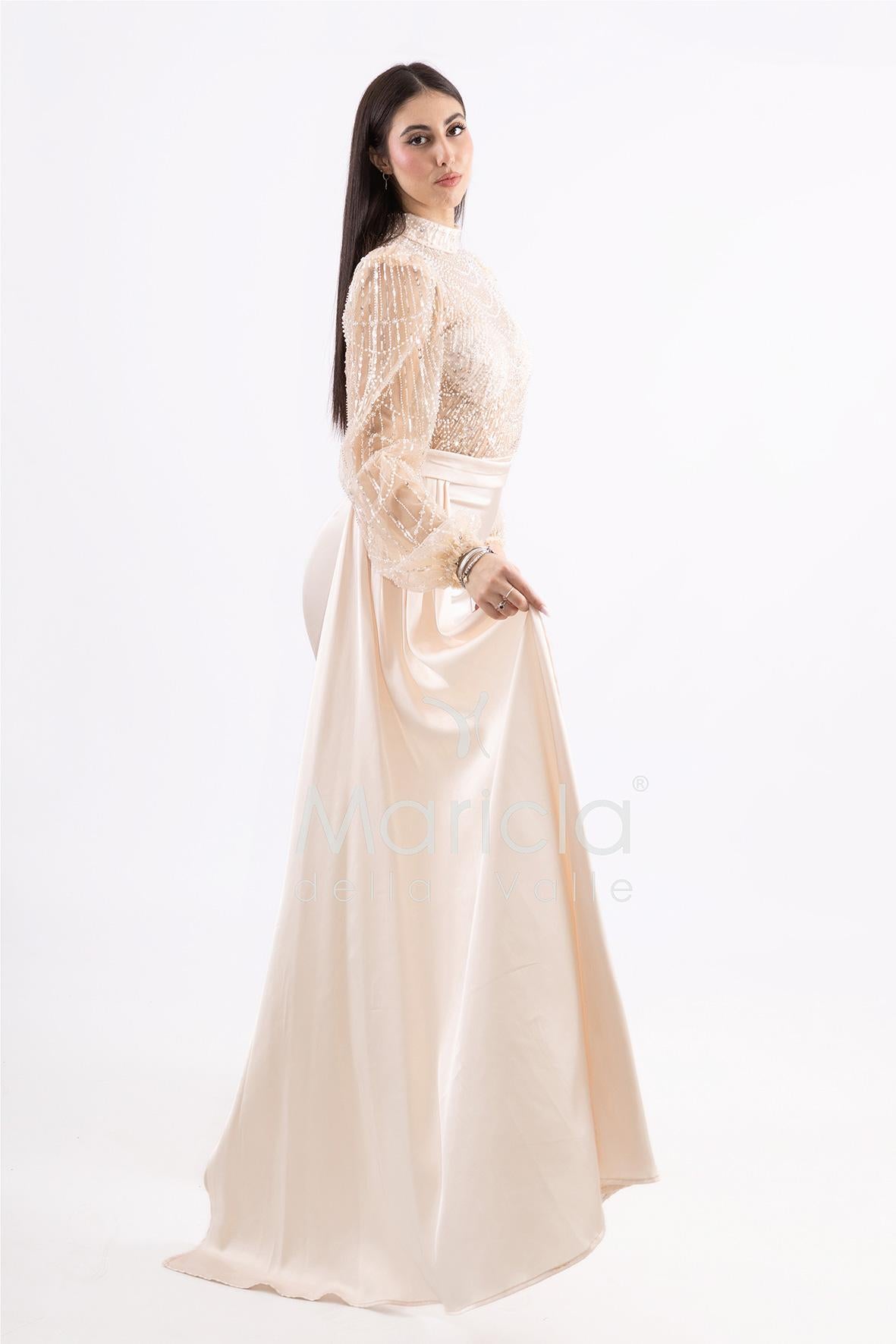 Abito sirena con corpetto ricamato e drappeggio al lato FP512352 CHAMPAGNE MARICLA ELEGANCE 
