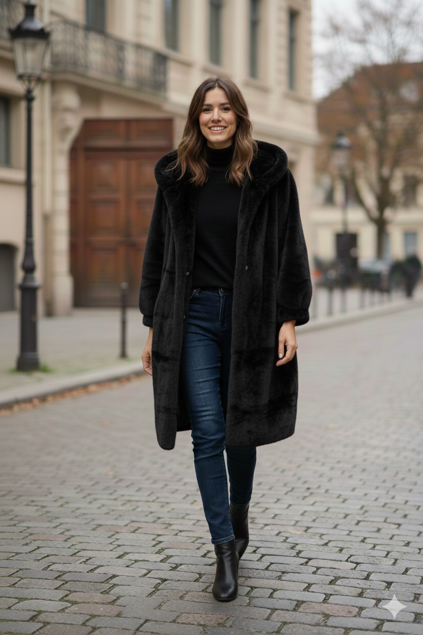 cappotto con cappuccio pelliccia AZ85P NERO MARICLA 