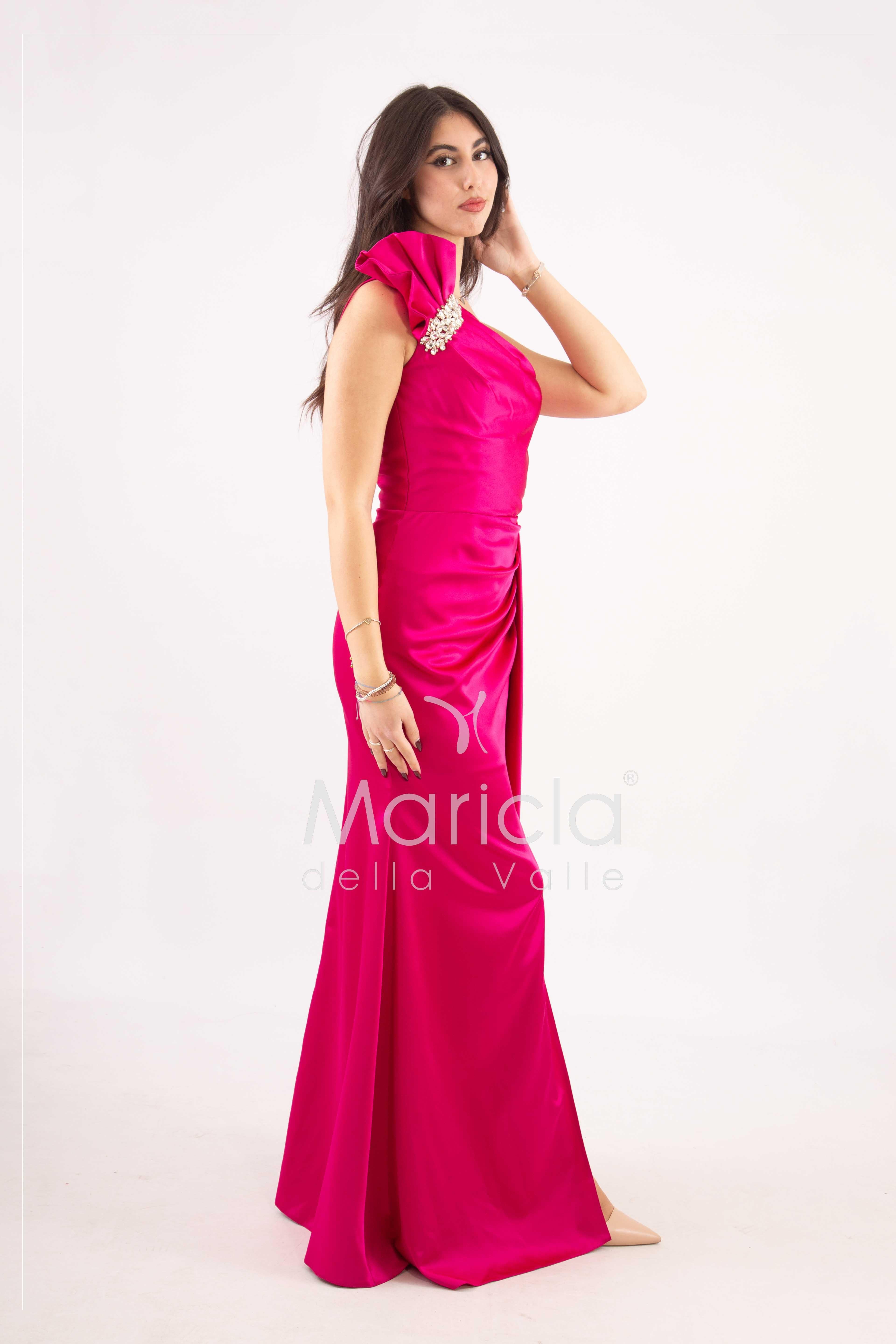 abito lungo monospalla strass spalla GC73 FUCSIA GIGLI CERIMONIA 